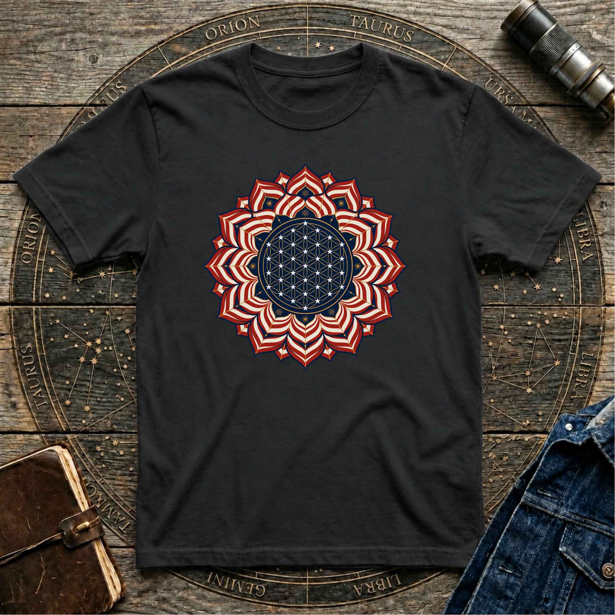 USA Flag Inspired Mandala Geometric Floral Tee