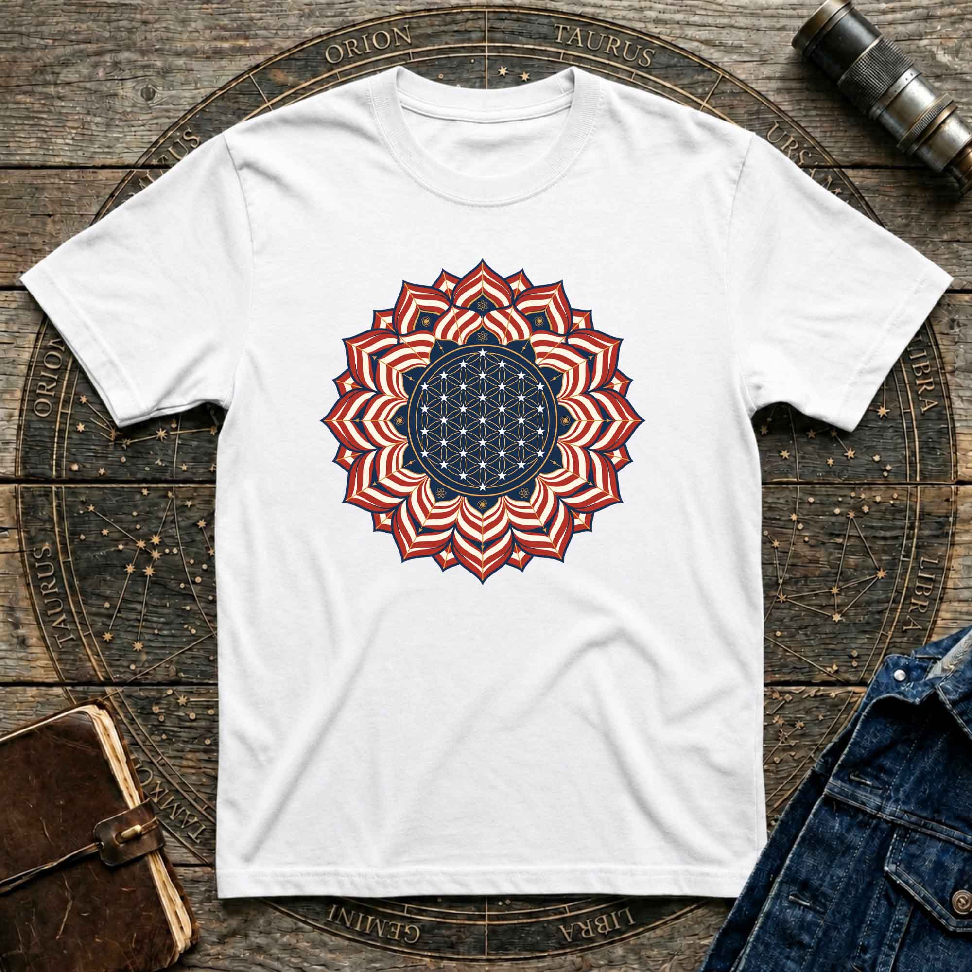 USA Flag Inspired Mandala Geometric Floral Tee