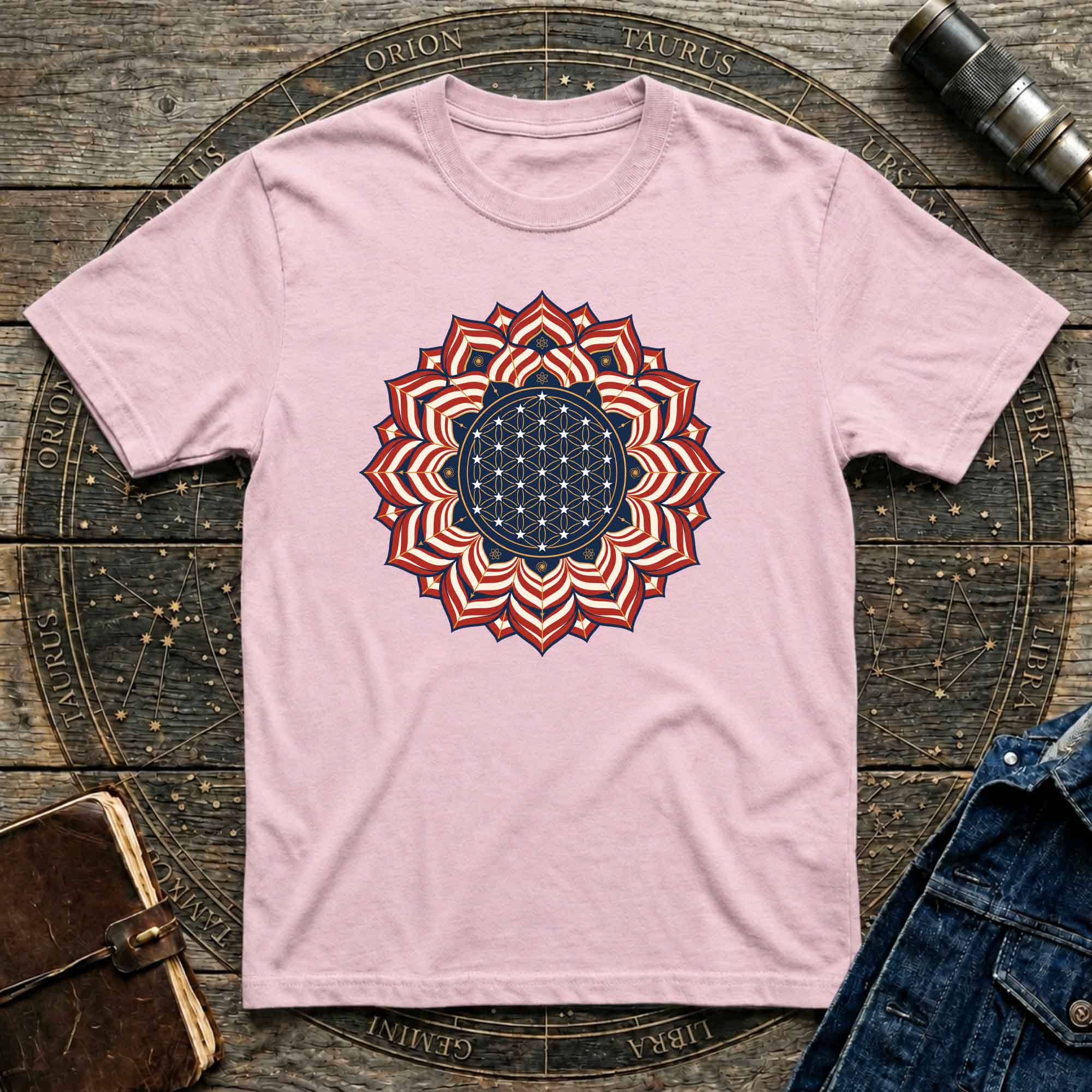 USA Flag Inspired Mandala Geometric Floral Tee