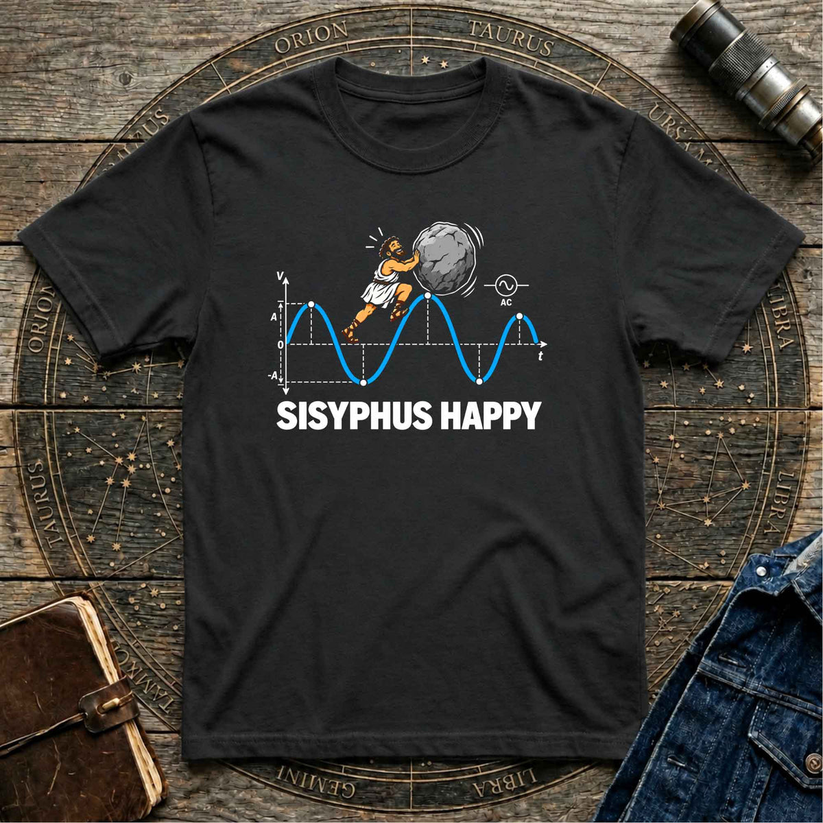 Sisyphus Happy Black T-shirt