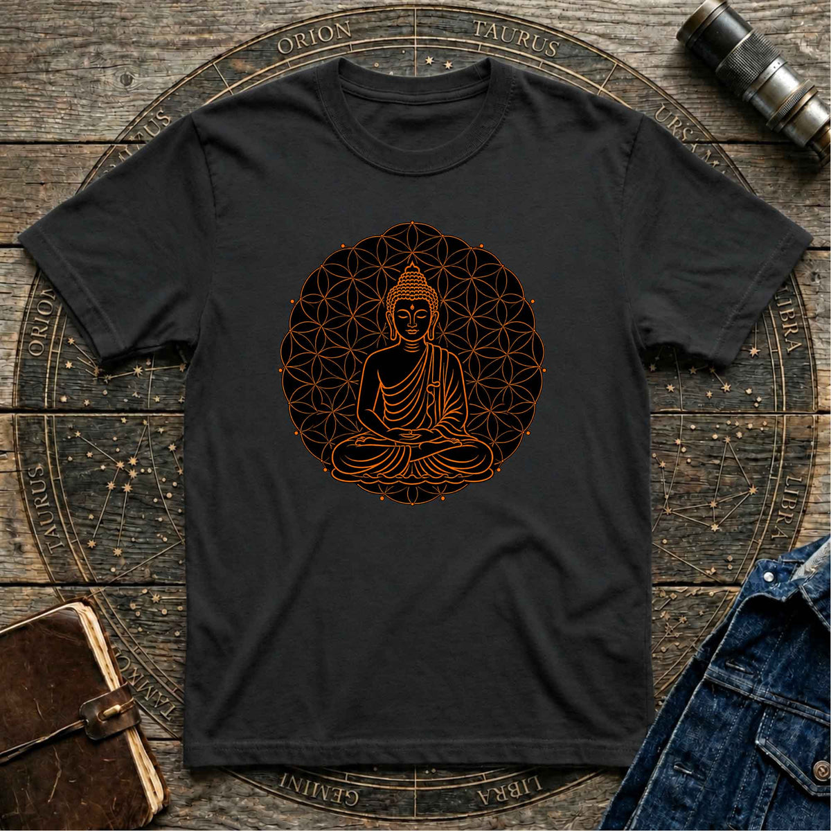 Buddha Sacred Geometry Mandala Black T-Shirt