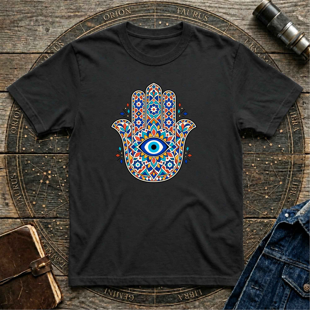 Hamsa  Black T-shirt Mediterranean Mosaic Work