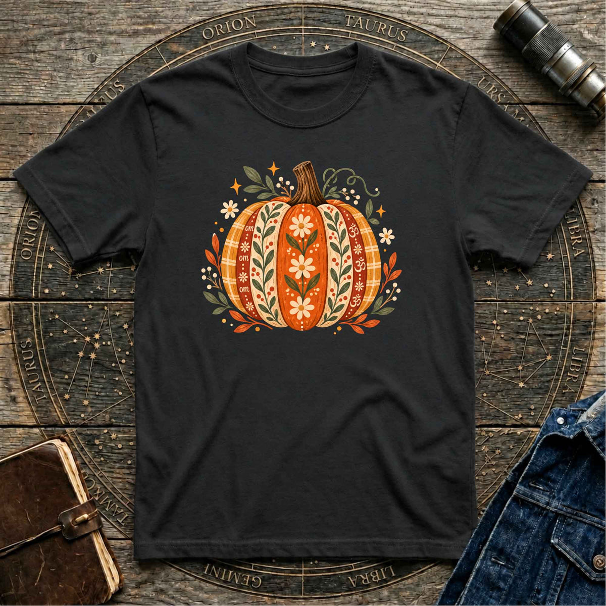 Halloween Black T-Shirt Boho OM Pumpkin