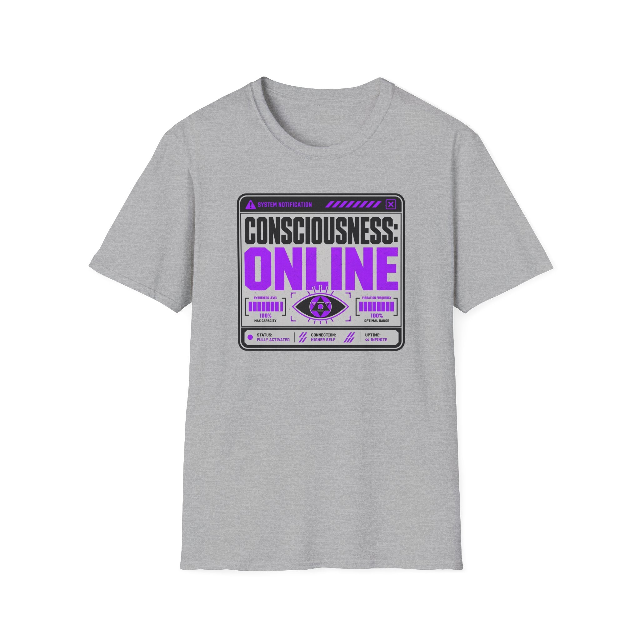 Consciousness: ONLINE Graphic T-Shirt — Retro Cybernetic Violet Design