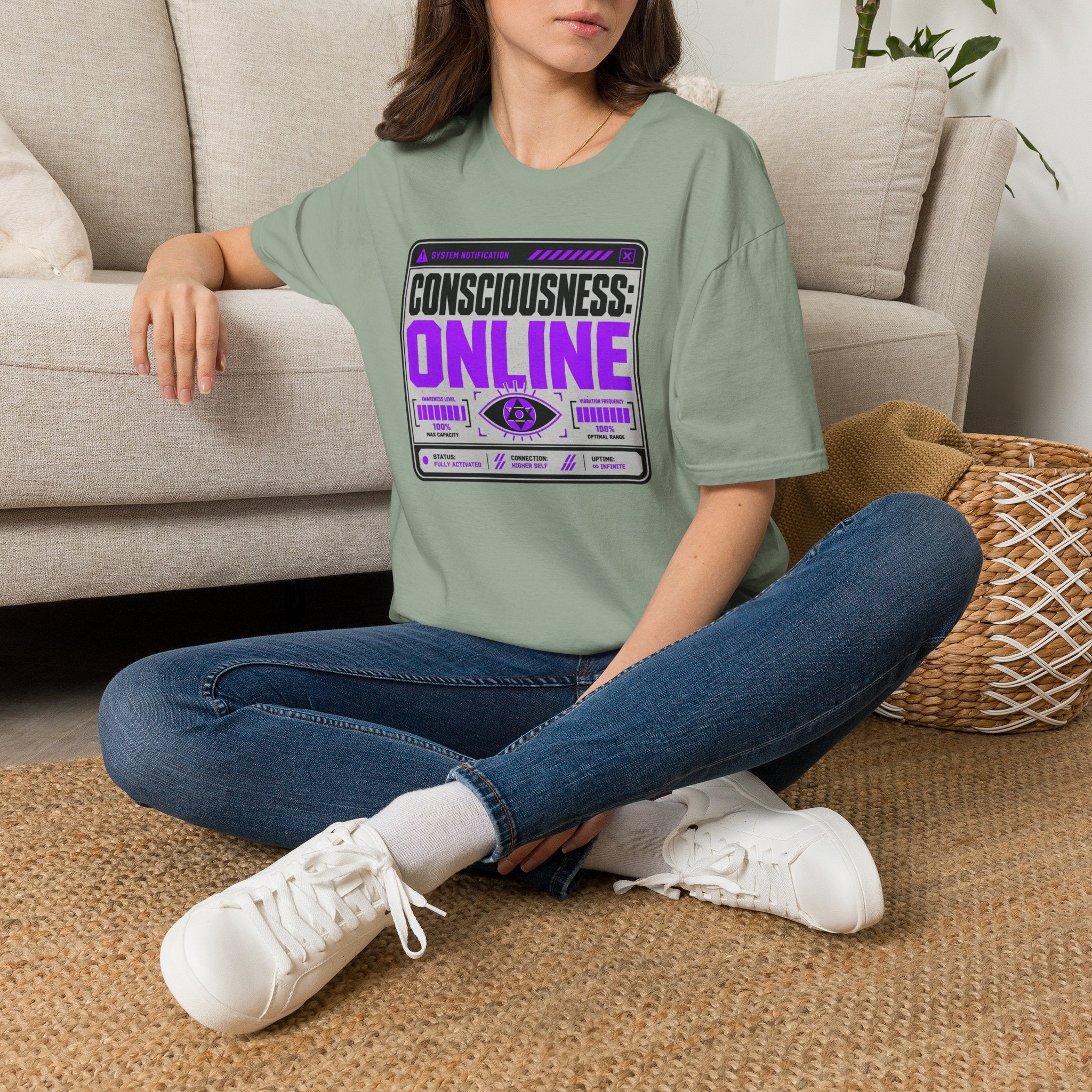 Consciousness: ONLINE Graphic T-Shirt — Retro Cybernetic Violet Design