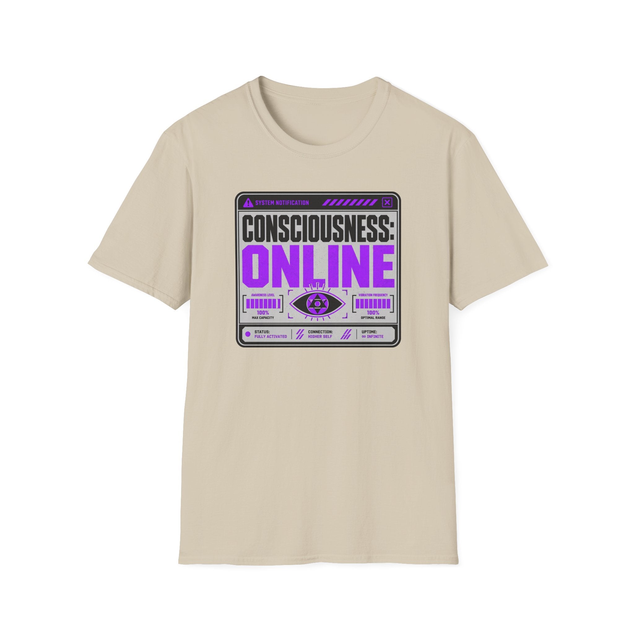 Consciousness: ONLINE Graphic T-Shirt — Retro Cybernetic Violet Design