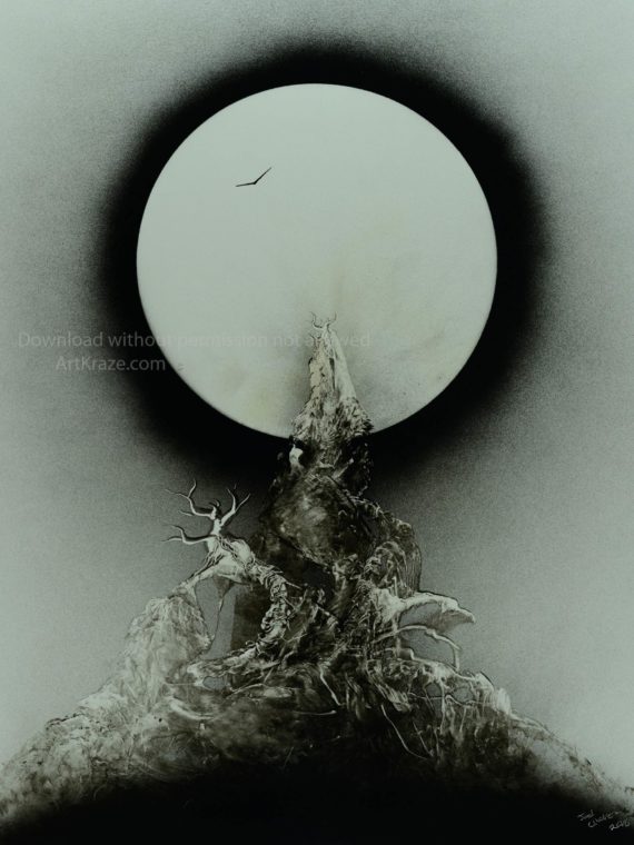 black and white spray paint art clear full moon uses symbolism to help provoke deeper thoughts.